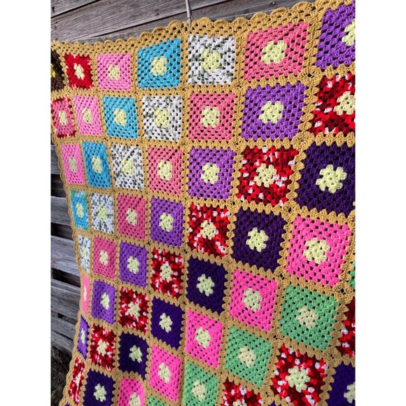 Vintage Colorful Granny Square Crochet Afghan 75x56" - Picture 4 of 16